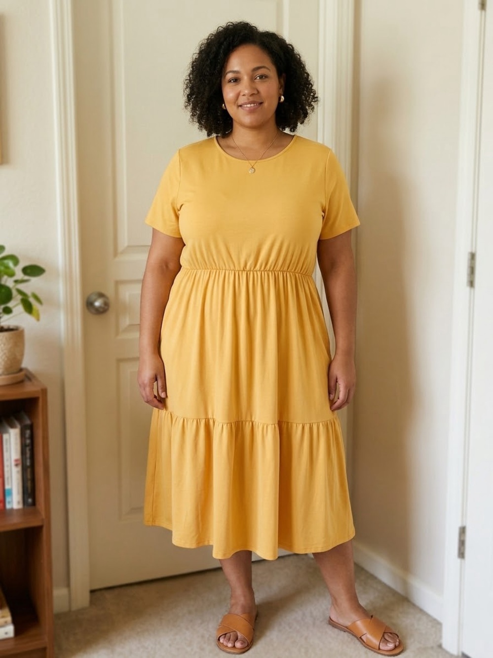 Casual Short Sleeve Tiered Midi Dress in Mustard Yellow